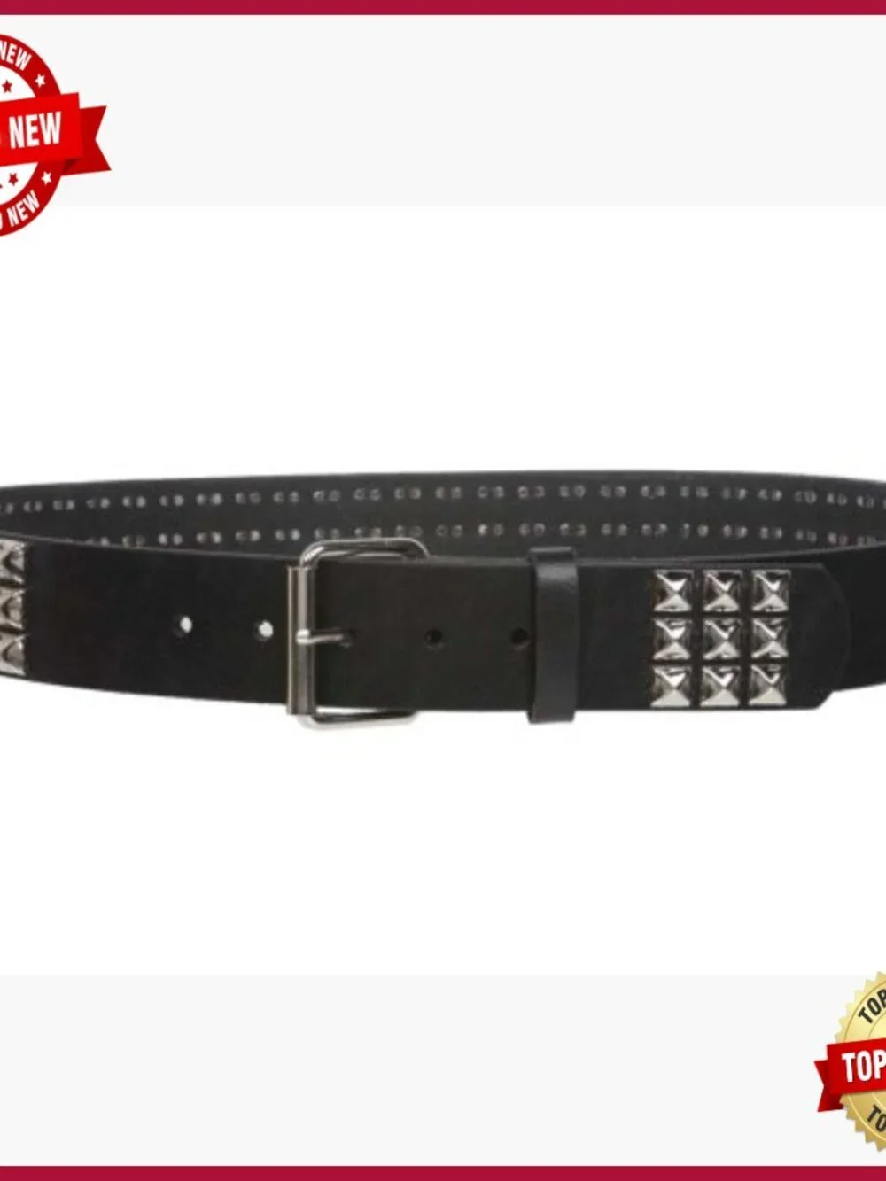 Three Row Studded Punk Rock Leather Belt - Snap On Buckle